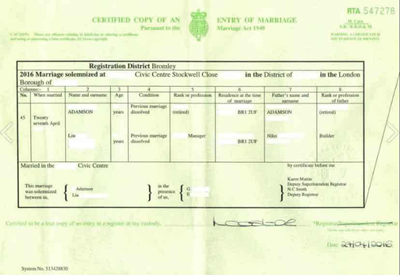 英国结婚证海牙认证样本
